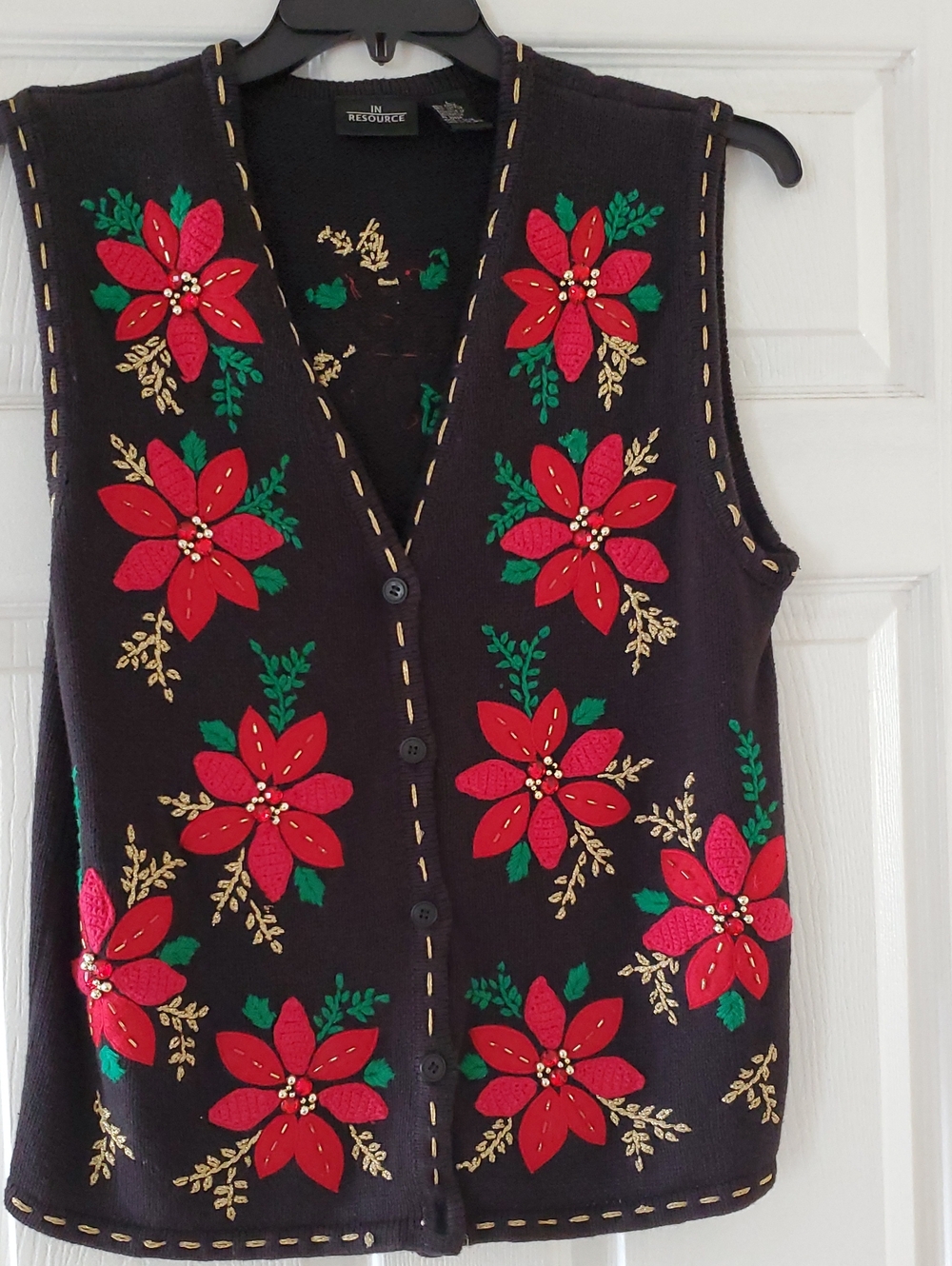 Women’s Black Embroidered Poinsettia Vest - Red/Green Detail